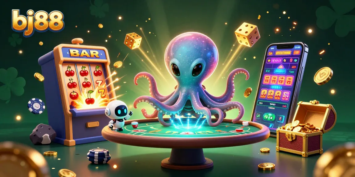 Experience thrilling moments with bj88 at a floating holographic poker table with vibrant casino elements.