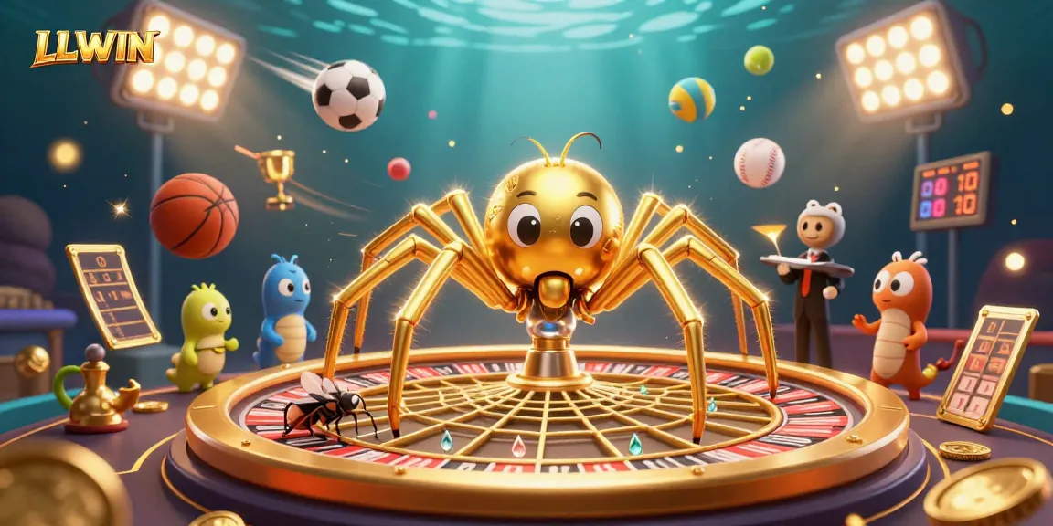 LLWIN showcases a thrilling scene with a golden spider spinning a roulette web as a fly places bets, symbolizing casino excitement.