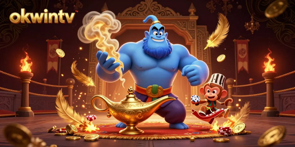 Engage in thrilling gaming with okwintv's vibrant 3D illustration featuring a genie and magical gambling elements.