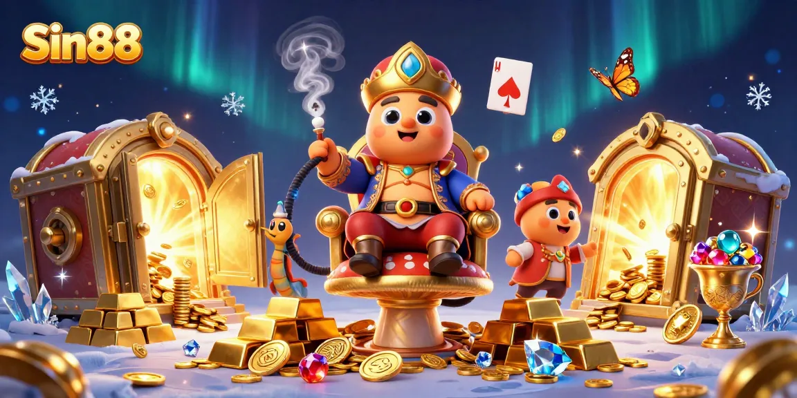 Sin88 showcases a vibrant 3D illustration of a caterpillar sultan gambling, surrounded by jewels and treasures.