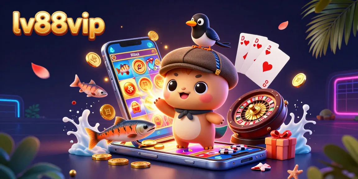 Spin games at lv88vip with cartoon Nessie, gold coins, slots, and playful salmon!