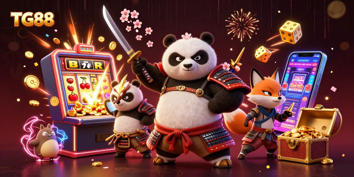Experience the excitement of TG88 with a dynamic illustration of a samurai panda battling for jackpots in a casino.