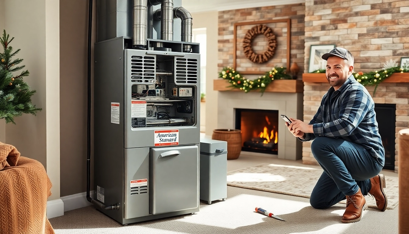 Technician installing an american standard furnace in a cozy living room setting. related image