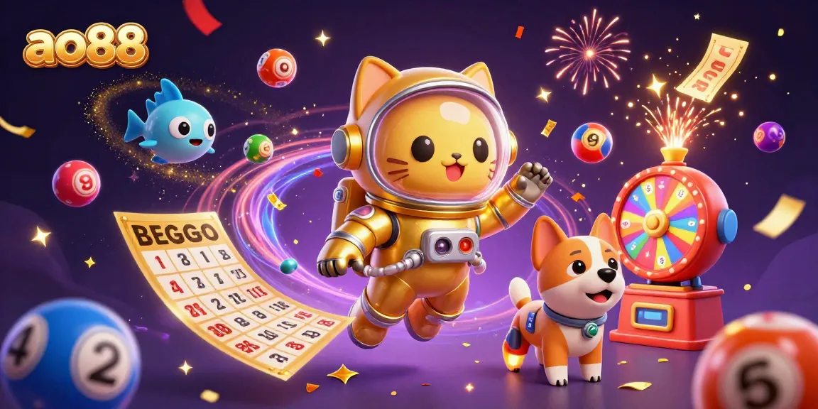 Engaging and vibrant scene showcasing ao88 with a space cat and robot dog surrounded by colorful lottery elements.