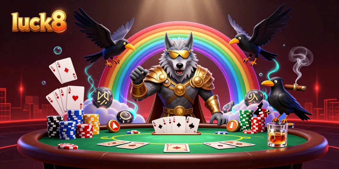 Experience luck8's thrilling gameplay with vibrant characters on an animated casino-themed scene