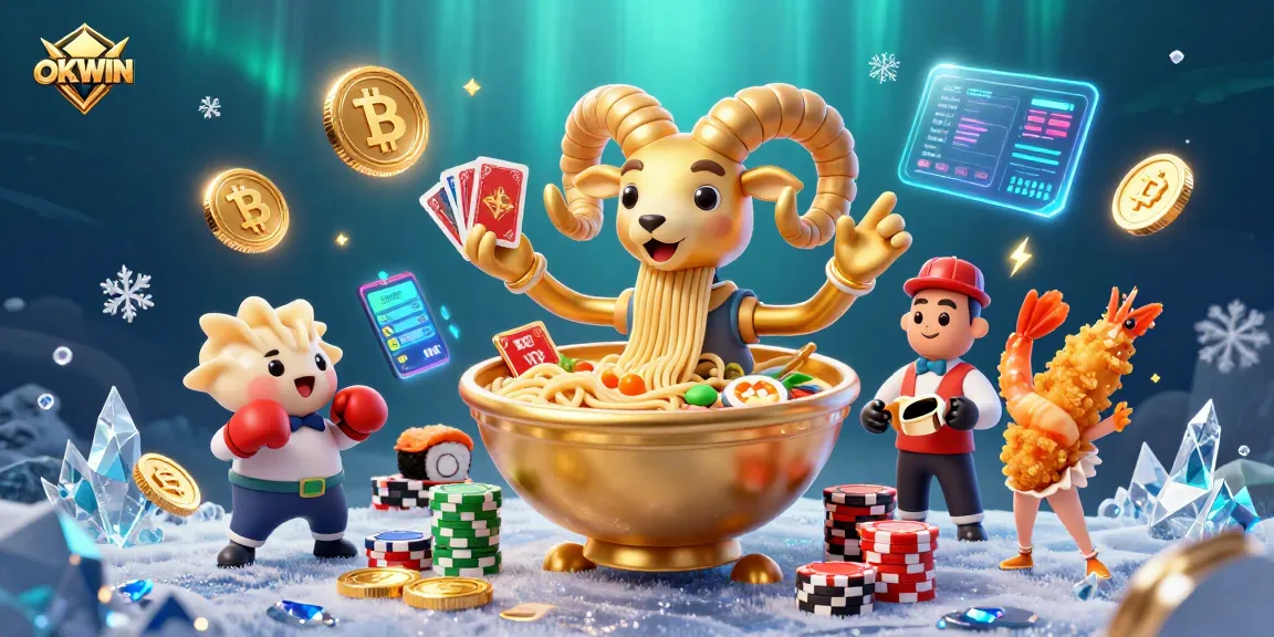 Experience the excitement of OKWIN's colorful casino world with animated characters and crypto elements.