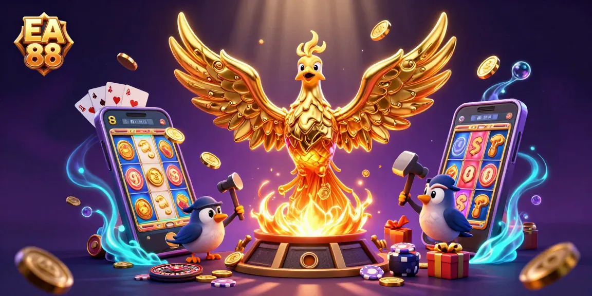 Engage in the exciting EA 88 casino adventure with a glowing phoenix and vibrant gaming elements.