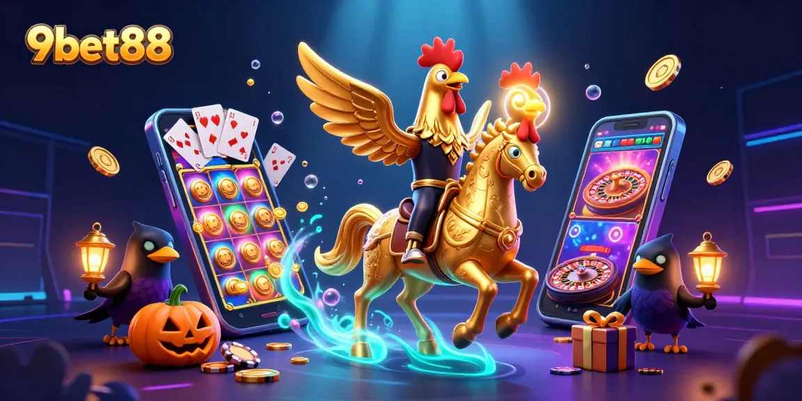 Experience thrilling wins at 9bet88 with a vibrant 3D casino scene featuring a golden rooster and engaging game elements.
