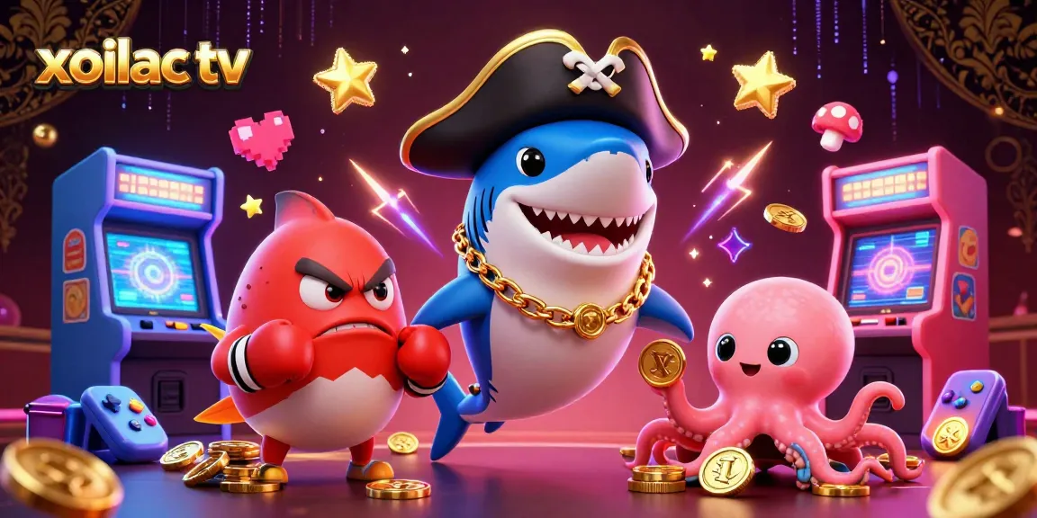 Xoilac TV live stream showcasing pirate shark and friends enjoying casino fun.