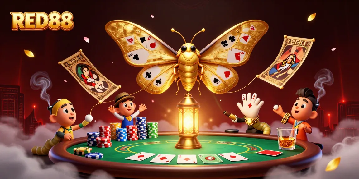 Experience RED88's enchanting casino scene with stunning golden moths and vibrant poker elements.
