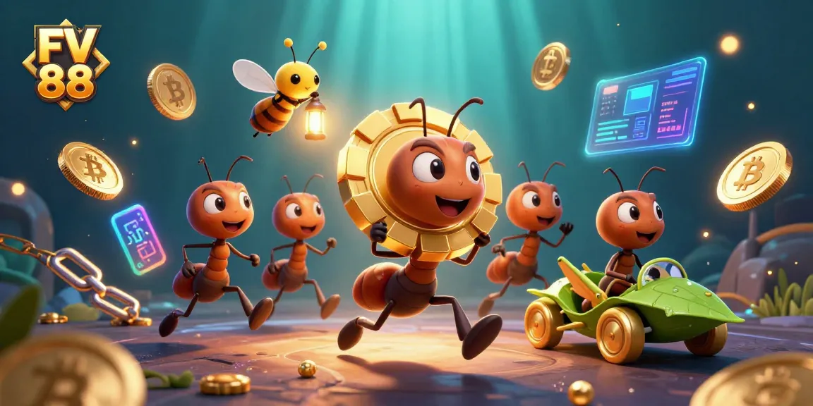 Engaging FV 88 illustration with ants heisting a poker chip amid vibrant casino elements