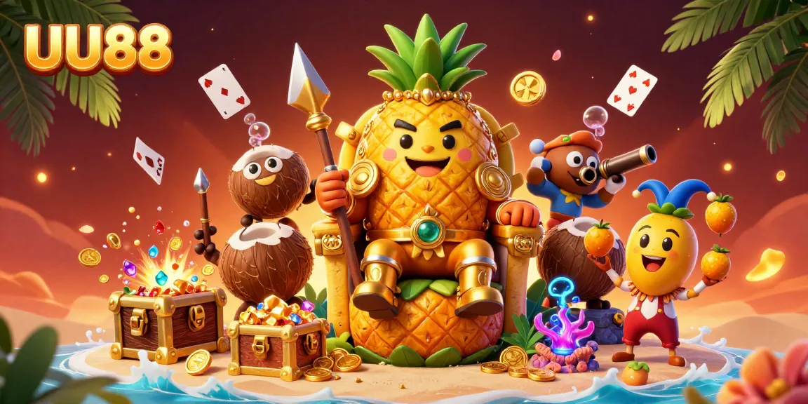 Experience thrills at UU88 with a vibrant 3D casino scene featuring the pineapple king and interactive game elements.