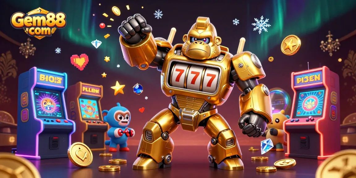 Engage in thrilling slots at Gem88 com with golden gorilla mech and dynamic game elements.