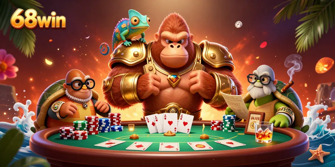 Experience thrilling gameplay with 68win featuring colorful poker chips and a golden armored gorilla king.