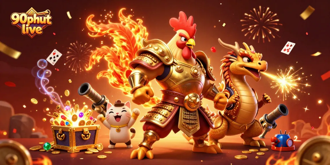 Experience 90phut live with a thrilling illustration of a rooster warrior and dragon hatchling surrounded by vibrant gambling elements.