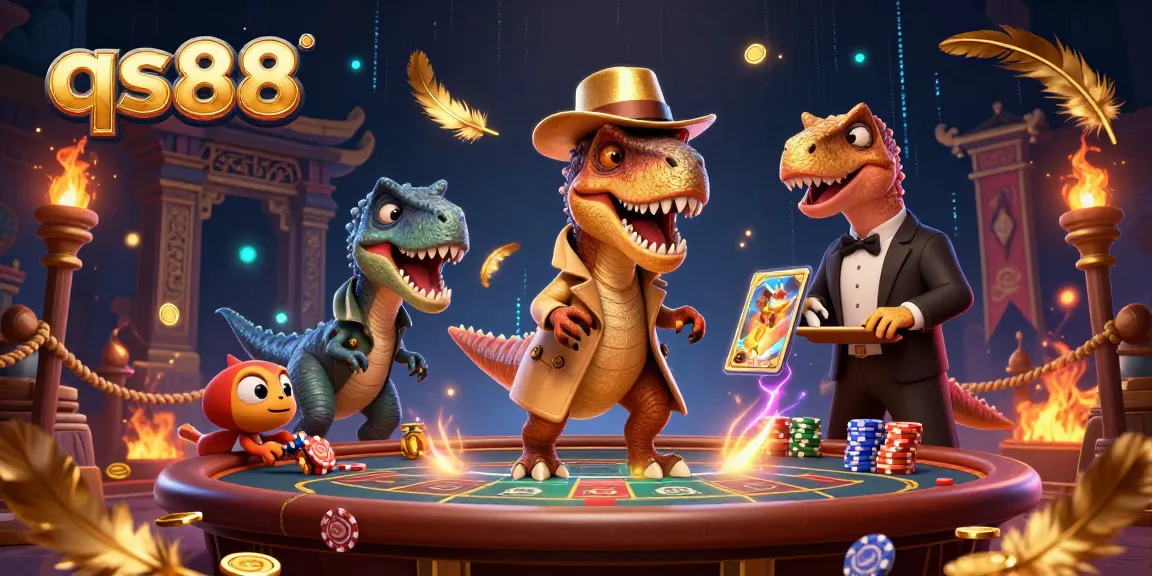 Experience exciting gameplay at qs88 with a velociraptor card counter and a stegosaurus pit boss in a vibrant casino scene.