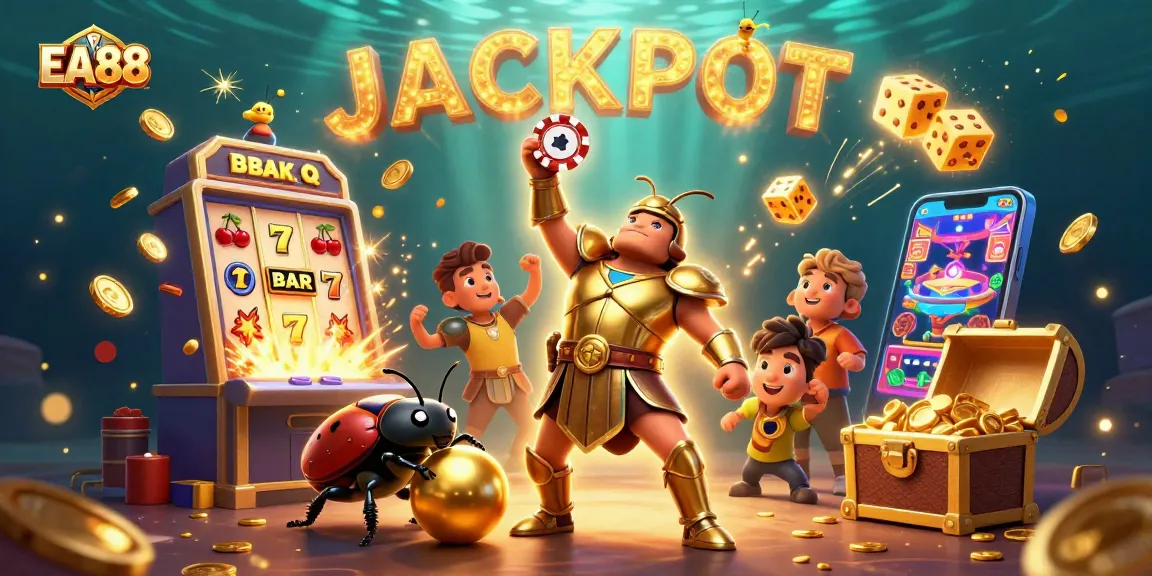 Win big at EA88 with a jackpot illustration featuring heroes and casino elements.