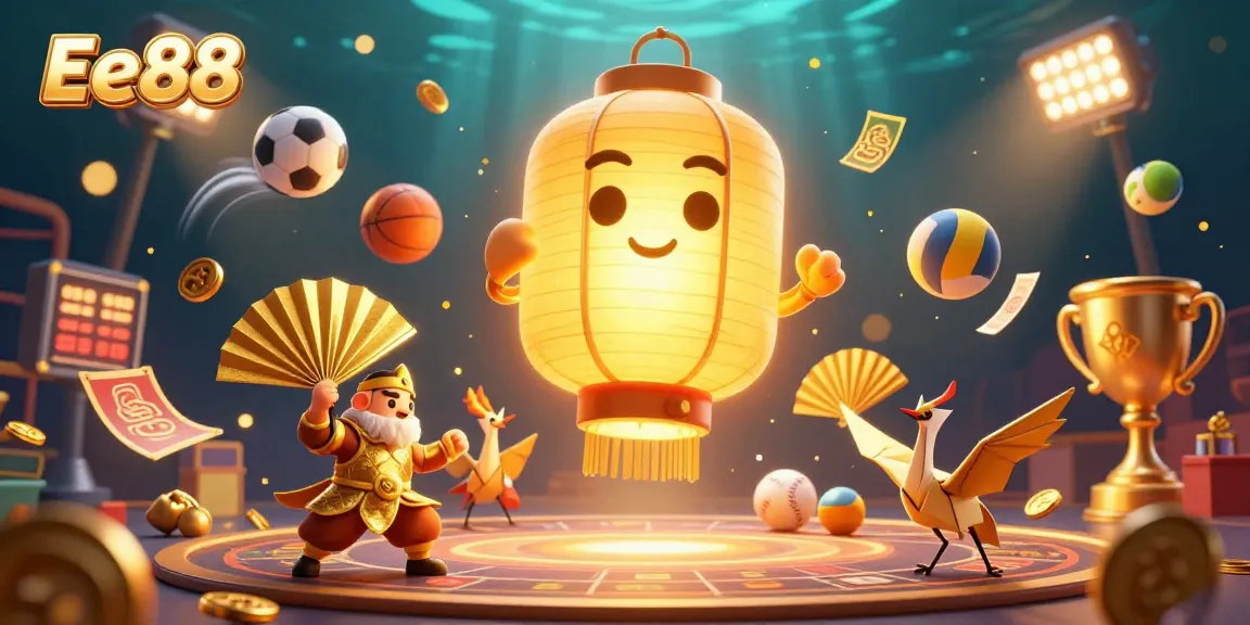 Engage with Ee88 through a vibrant 3D casino scene showcasing golden lantern spirits and dynamic sports betting elements.
