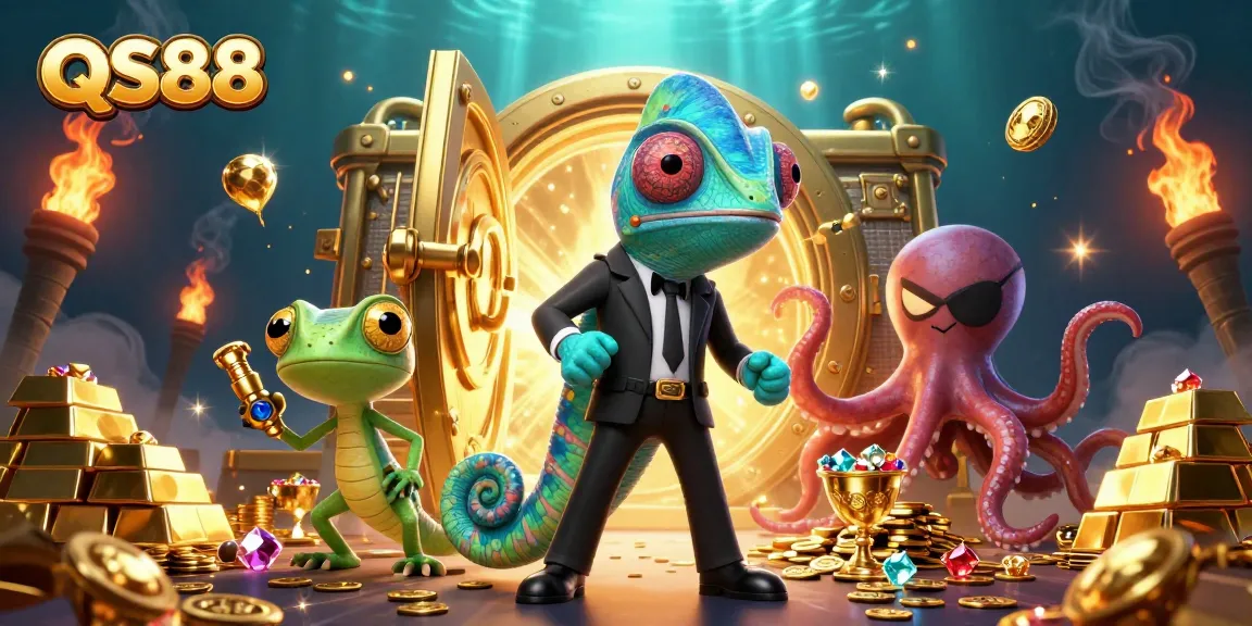 Win big with QS88 as chameleon agent and friends uncover treasures in a vibrant casino world.