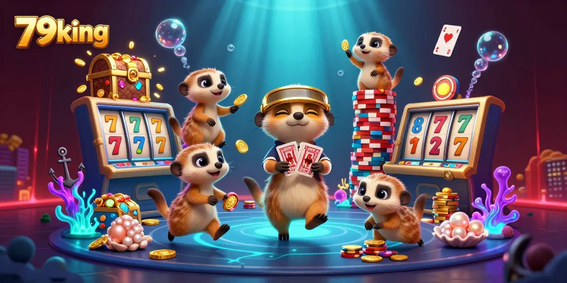 Experience the excitement of 79king with meerkats operating a vibrant casino, dazzling with slot reels and treasures.