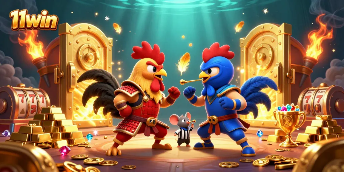 Engage with 11win as fighting roosters in a heroic showdown amidst dazzling casino treasures.